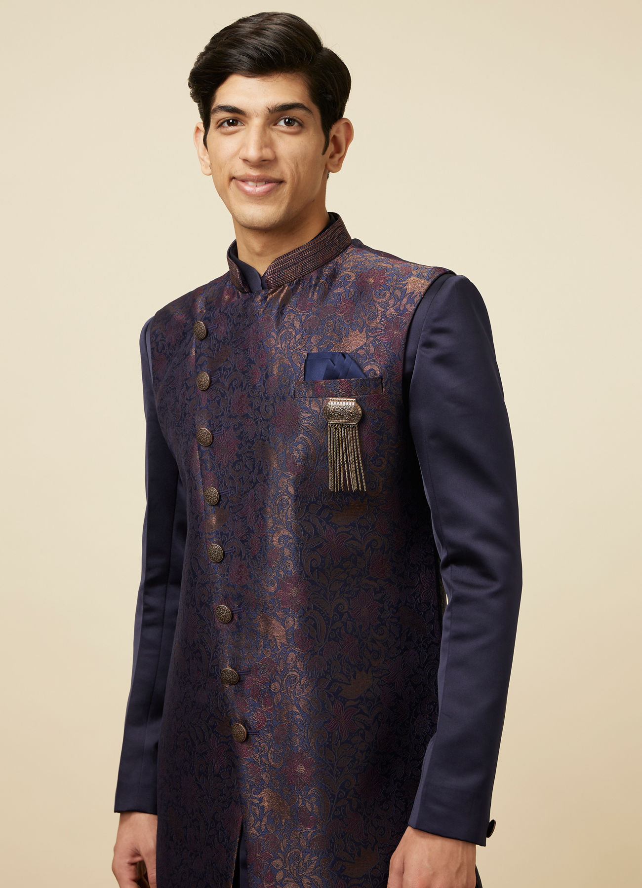 Manyavar Men Deep Blue Bel Buti Patterned Indo Western Set