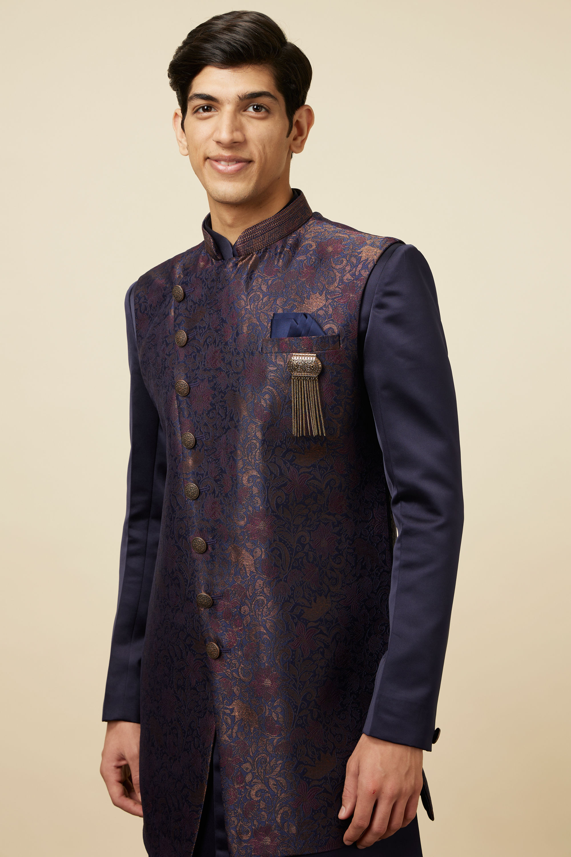 Manyavar Men Deep Blue Bel Buti Patterned Indo Western Set