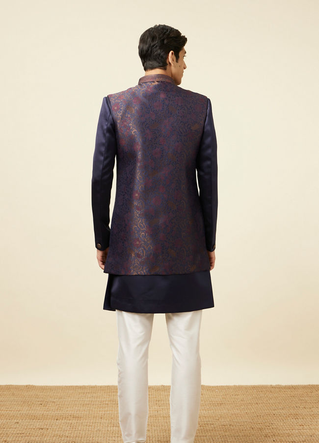 Manyavar Men Deep Blue Bel Buti Patterned Indo Western Set