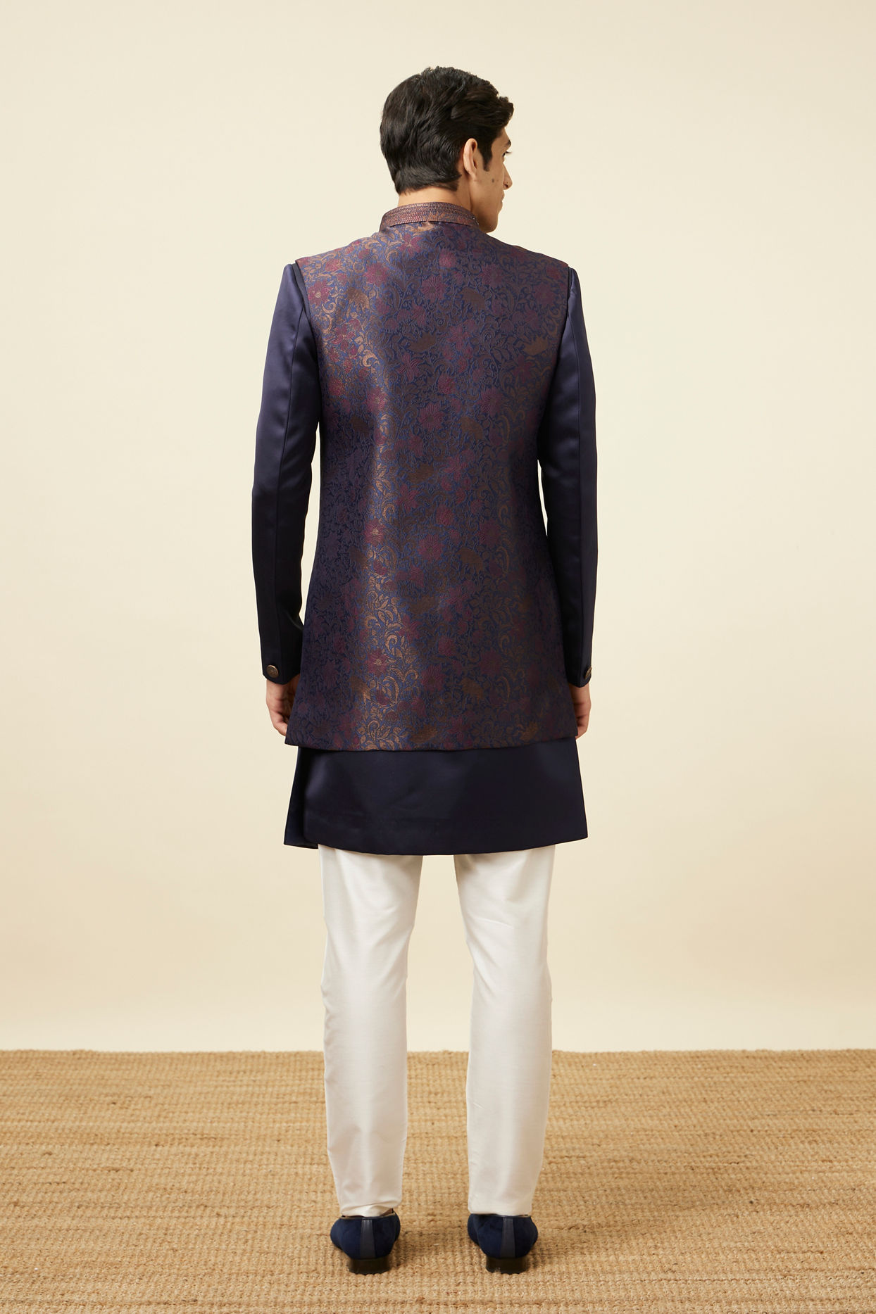 Manyavar Men Deep Blue Bel Buti Patterned Indo Western Set