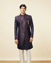 Manyavar Men Deep Blue Bel Buti Patterned Indo Western Set