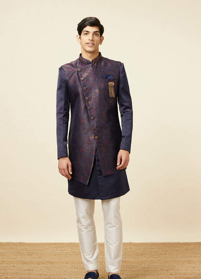 Manyavar Men Deep Blue Bel Buti Patterned Indo Western Set