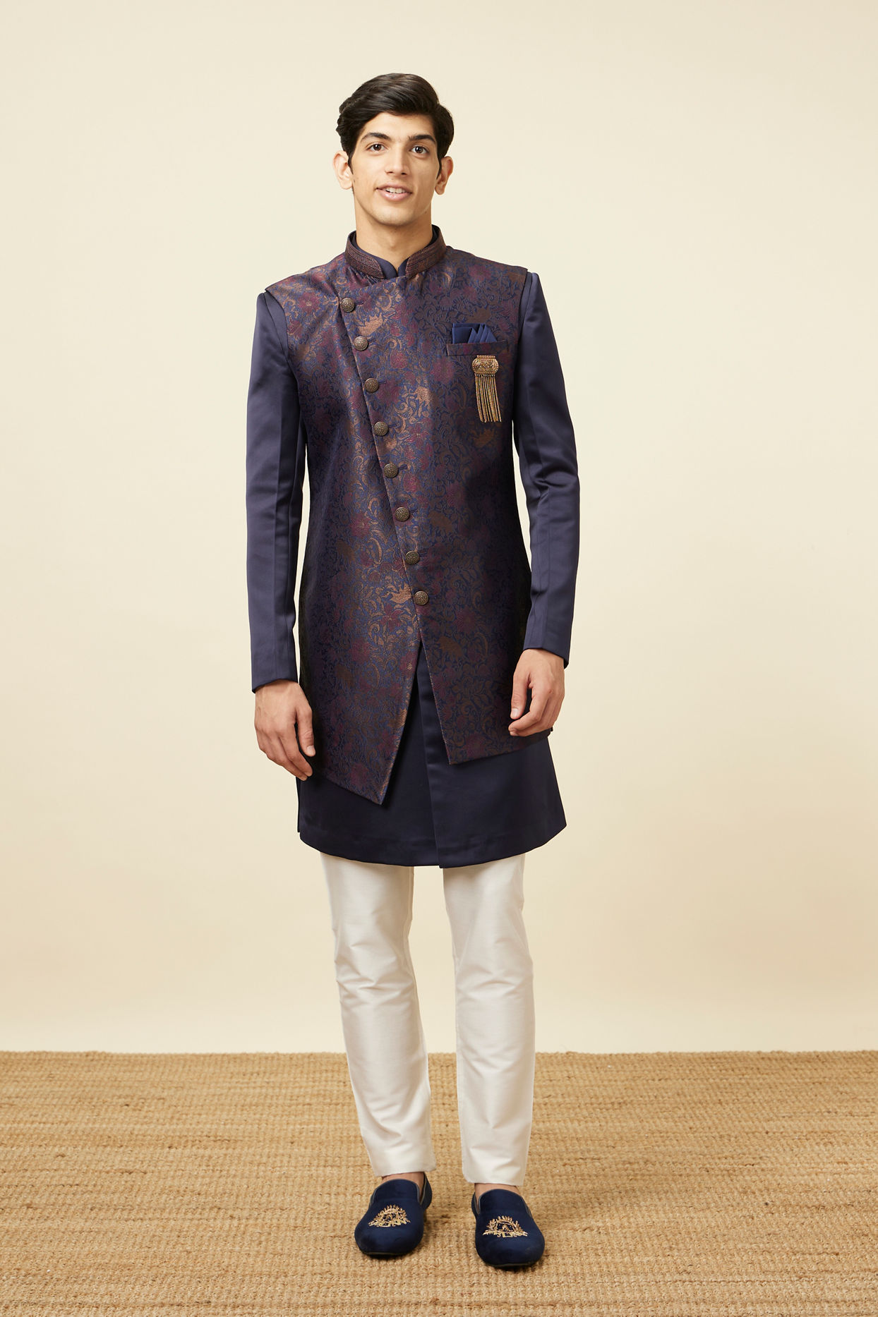 Manyavar Men Deep Blue Bel Buti Patterned Indo Western Set