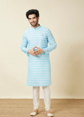 Light Blue Self Chequered Printed Kurta image number 2