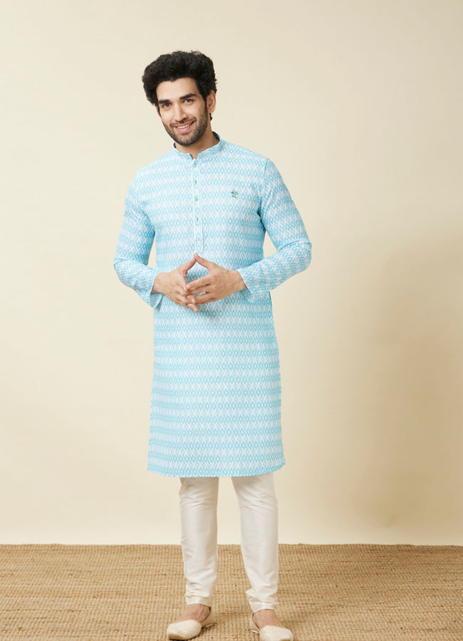 alt message - Manyavar Men Tropical Blue Diamond Patterned Casual Kurta image number 2