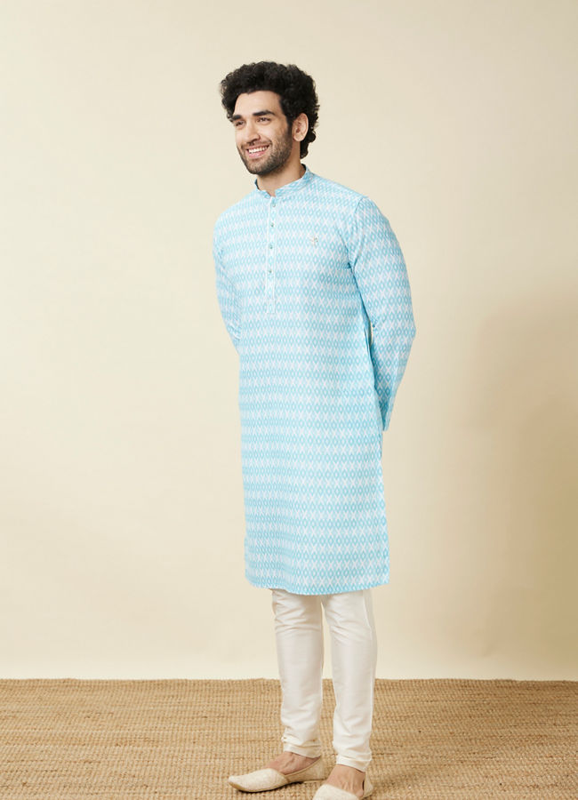 alt message - Manyavar Men Tropical Blue Diamond Patterned Casual Kurta image number 3