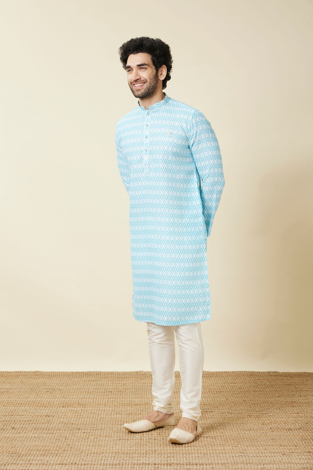 Manyavar Men Tropical Blue Diamond Patterned Casual Kurta