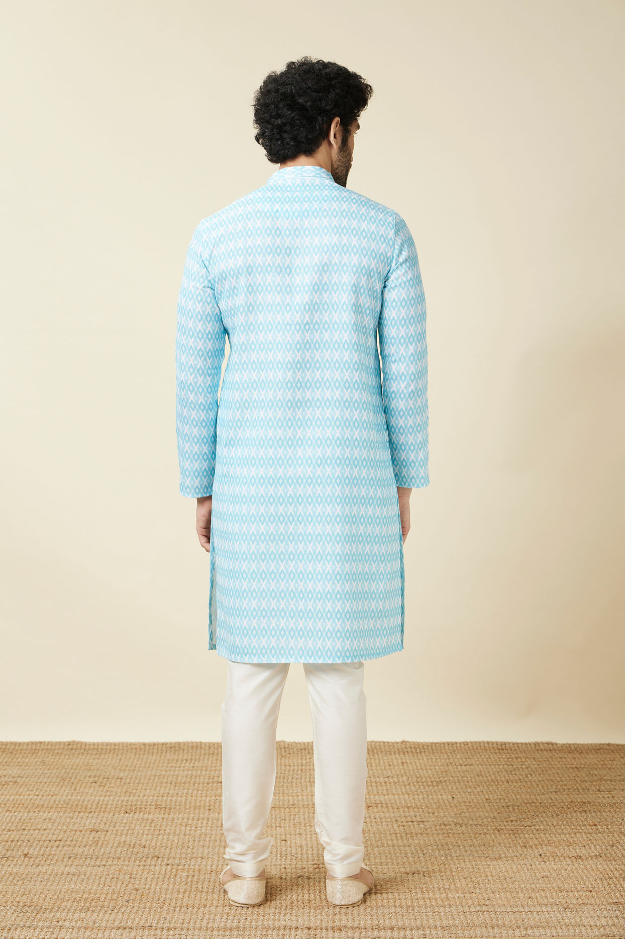 Manyavar Men Tropical Blue Diamond Patterned Casual Kurta