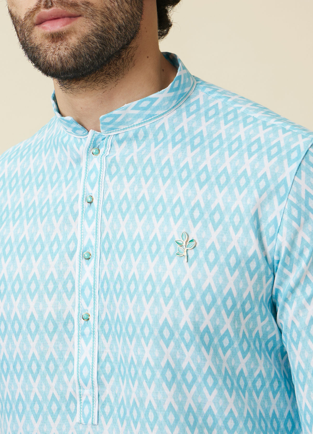 Manyavar Men Tropical Blue Diamond Patterned Casual Kurta