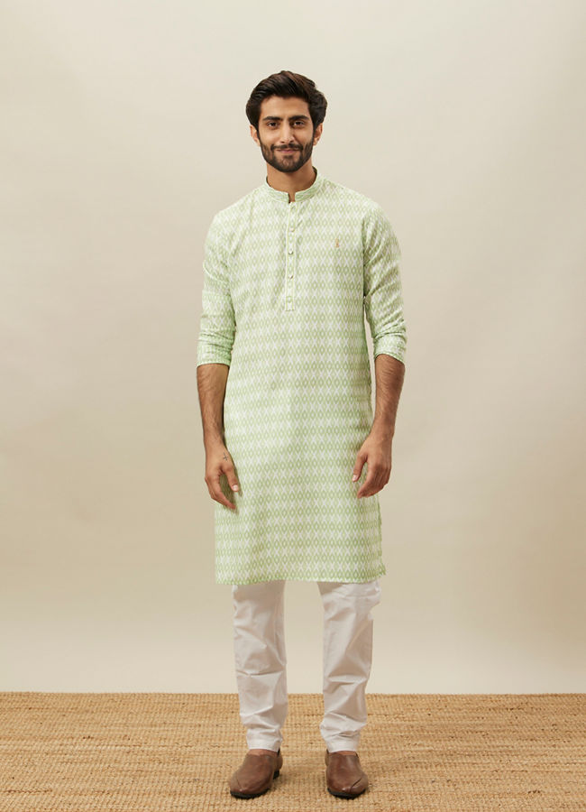 alt message - Manyavar Men Shadow Lime Green Ikat Inspired Printed Kurta image number 2