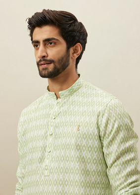 Manyavar Men Shadow Lime Green Ikat Inspired Printed Kurta