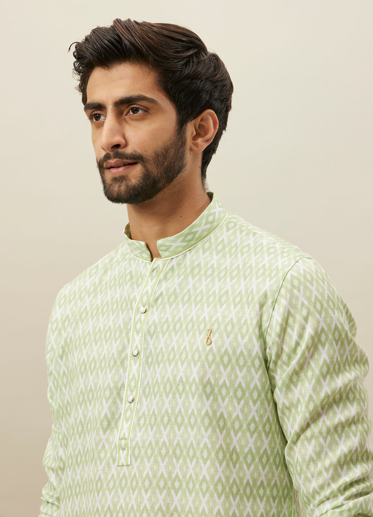 Manyavar Men Shadow Lime Green Ikat Inspired Printed Kurta