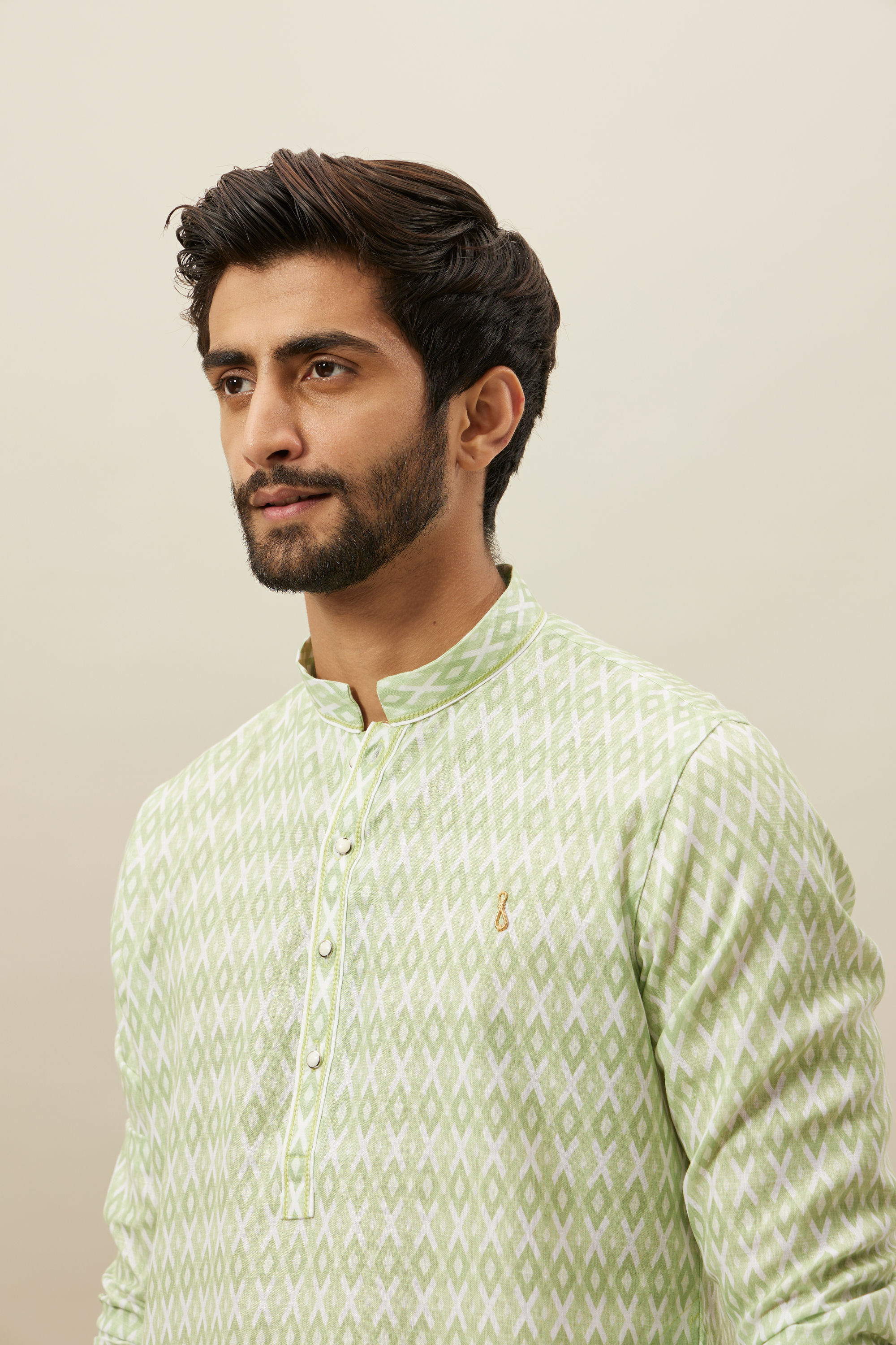 Manyavar Men Shadow Lime Green Ikat Inspired Printed Kurta