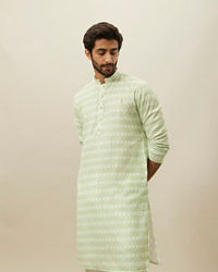 Manyavar Men Shadow Lime Green Ikat Inspired Printed Kurta