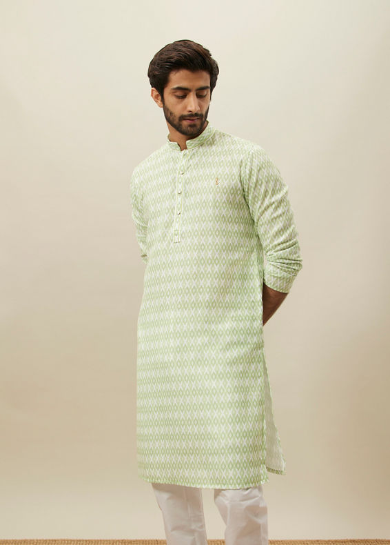 Manyavar Men Shadow Lime Green Ikat Inspired Printed Kurta