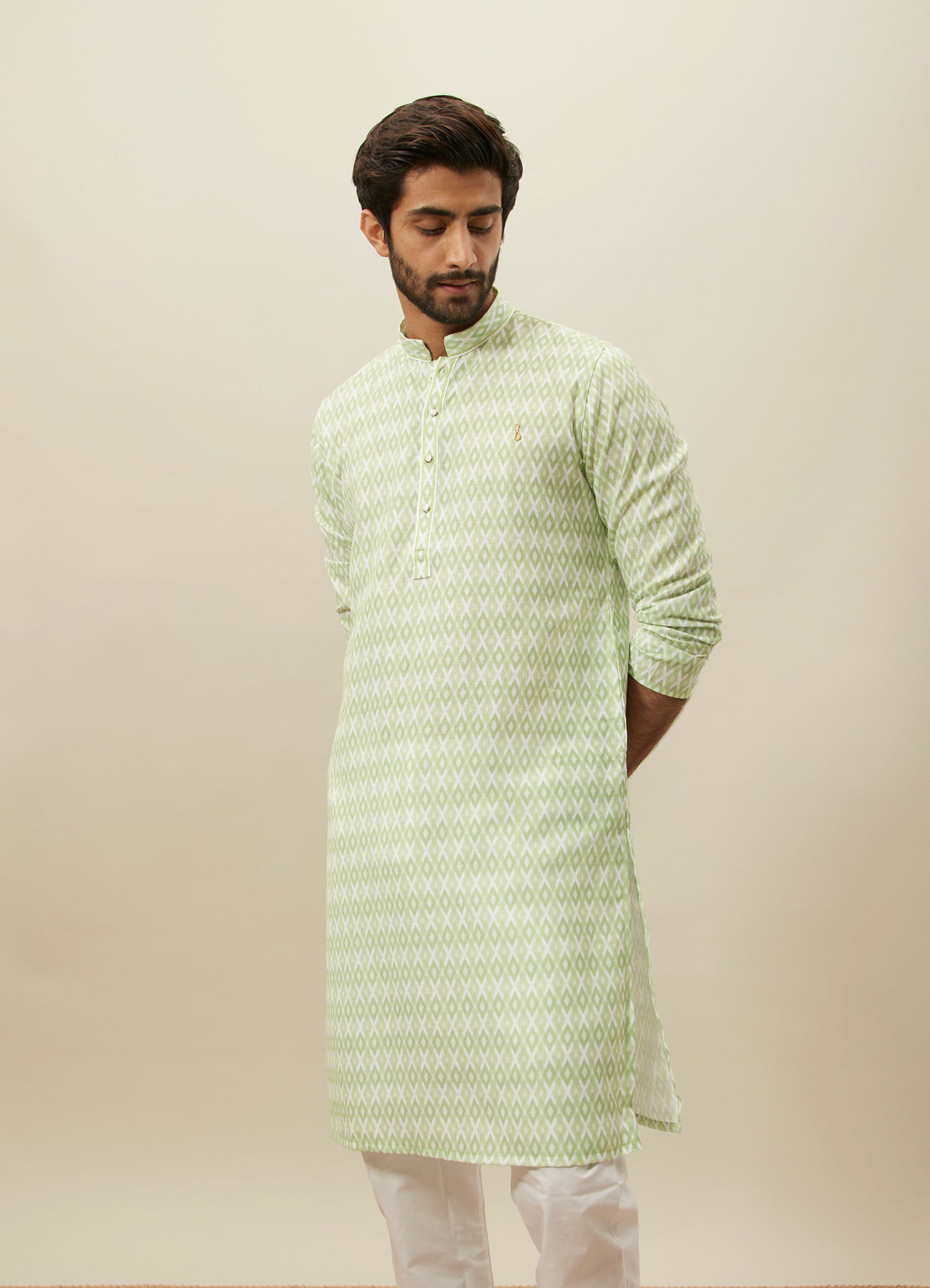 Manyavar Men Shadow Lime Green Ikat Inspired Printed Kurta