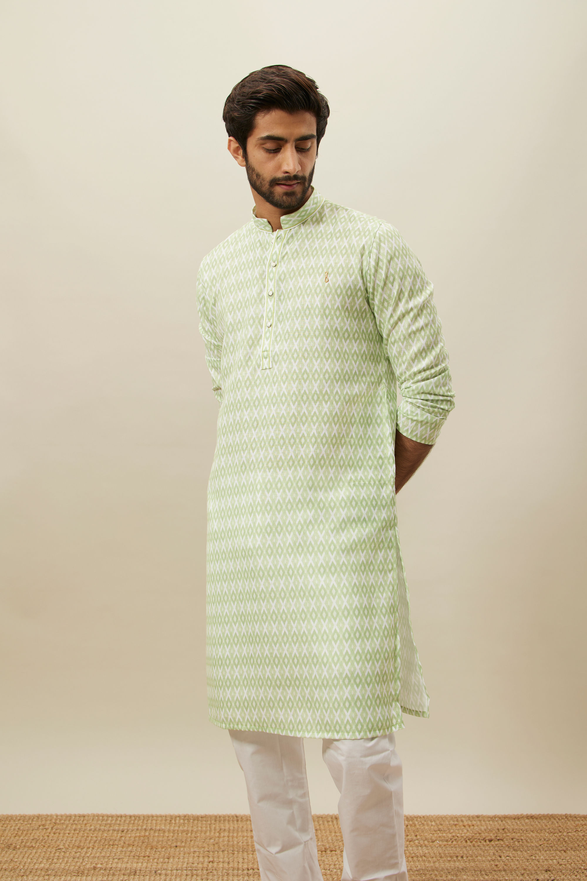 Manyavar Men Shadow Lime Green Ikat Inspired Printed Kurta