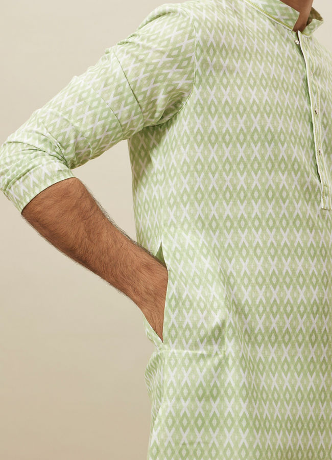 Manyavar Men Shadow Lime Green Ikat Inspired Printed Kurta