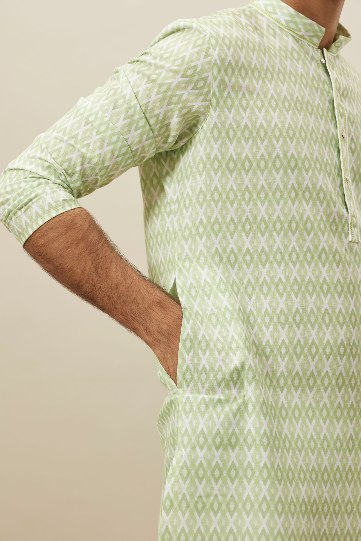 Manyavar Men Shadow Lime Green Ikat Inspired Printed Kurta