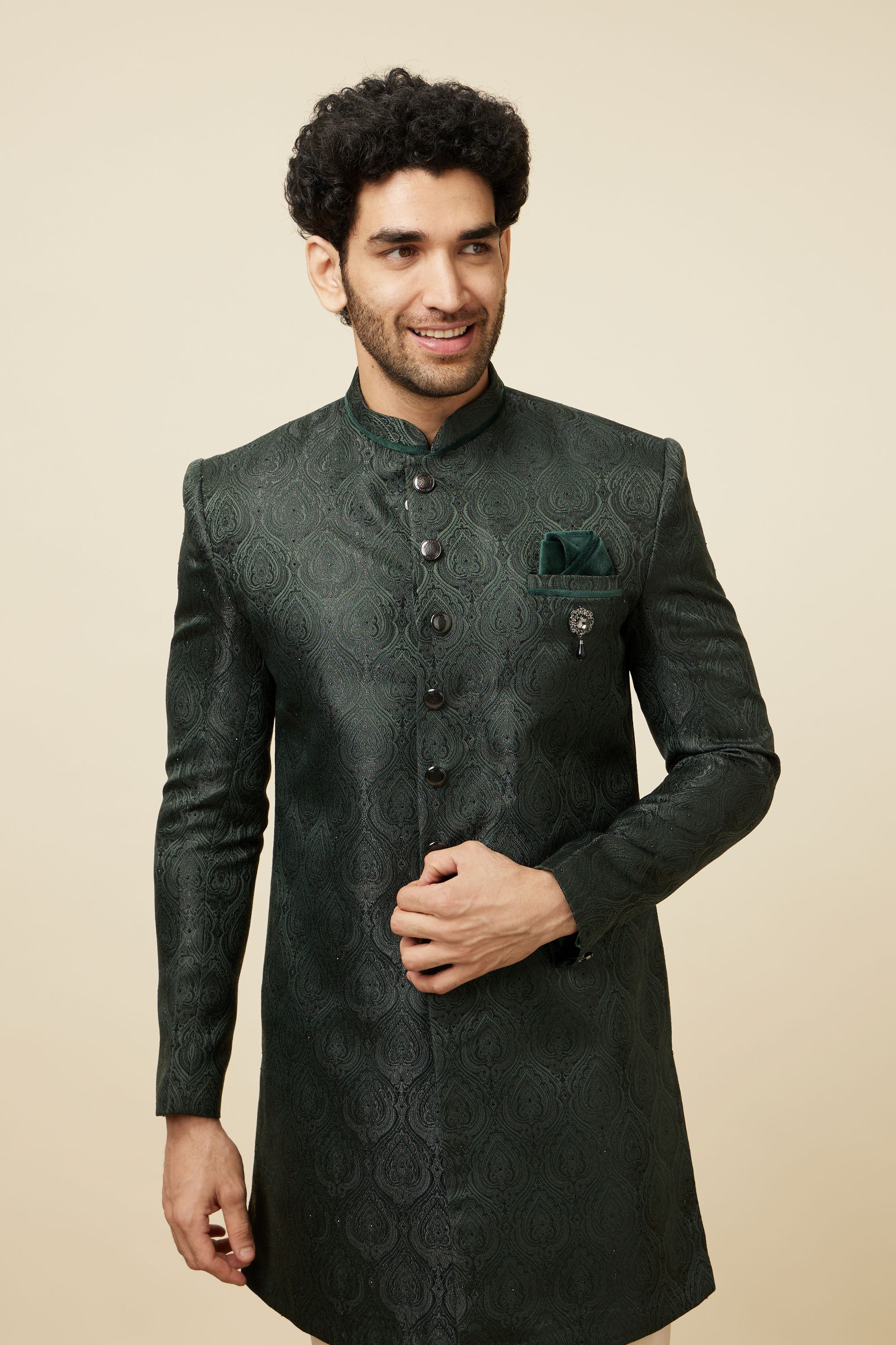 Manyavar Men Hunter Green Jhallar Patterned Indo Western Set