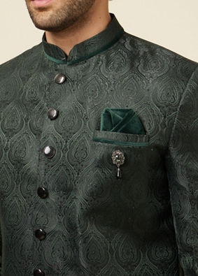 Manyavar Men Hunter Green Jhallar Patterned Indo Western Set