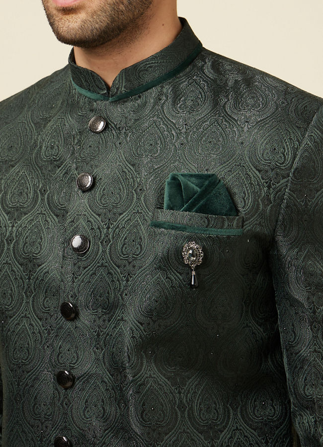 Manyavar Men Hunter Green Jhallar Patterned Indo Western Set