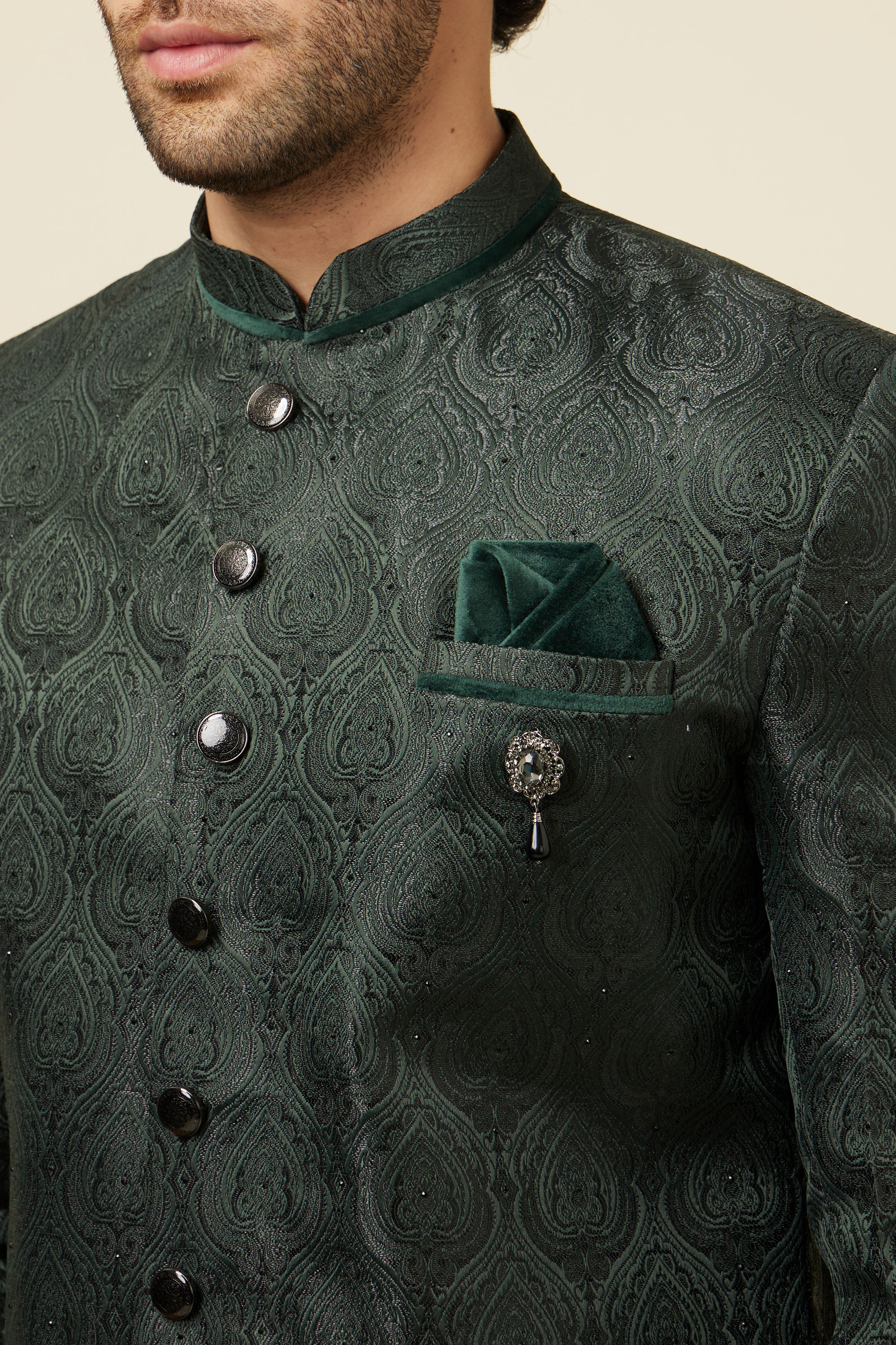 Manyavar Men Hunter Green Jhallar Patterned Indo Western Set