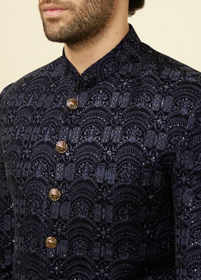 alt message - Manyavar Men Maritime Blue Sequined Jodhpuri Suit image number 1