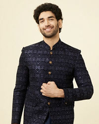 Manyavar Men Maritime Blue Sequined Jodhpuri Suit