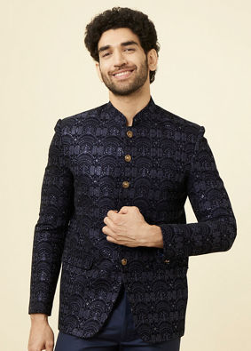 alt message - Manyavar Men Maritime Blue Sequined Jodhpuri Suit image number 0