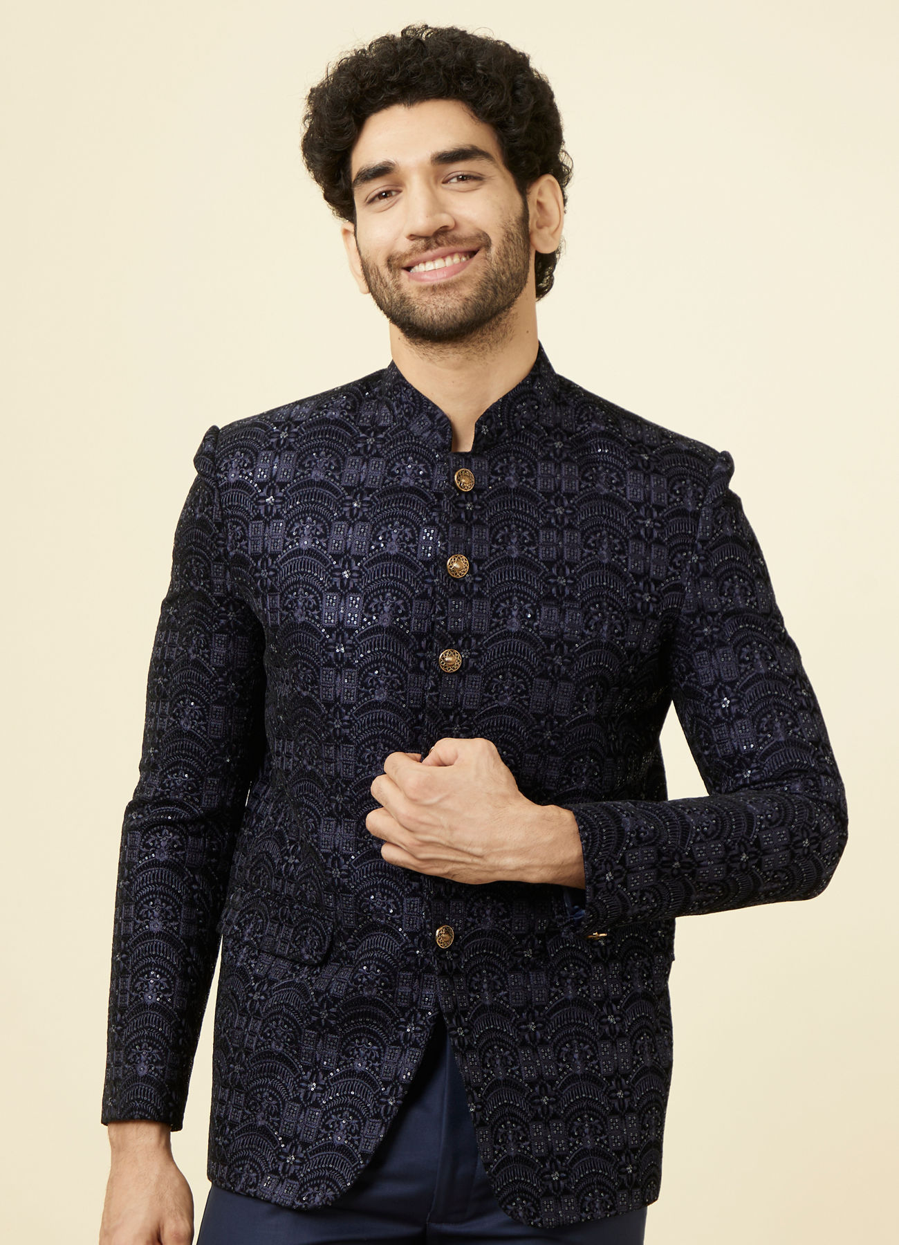 Manyavar Men Maritime Blue Sequined Jodhpuri Suit