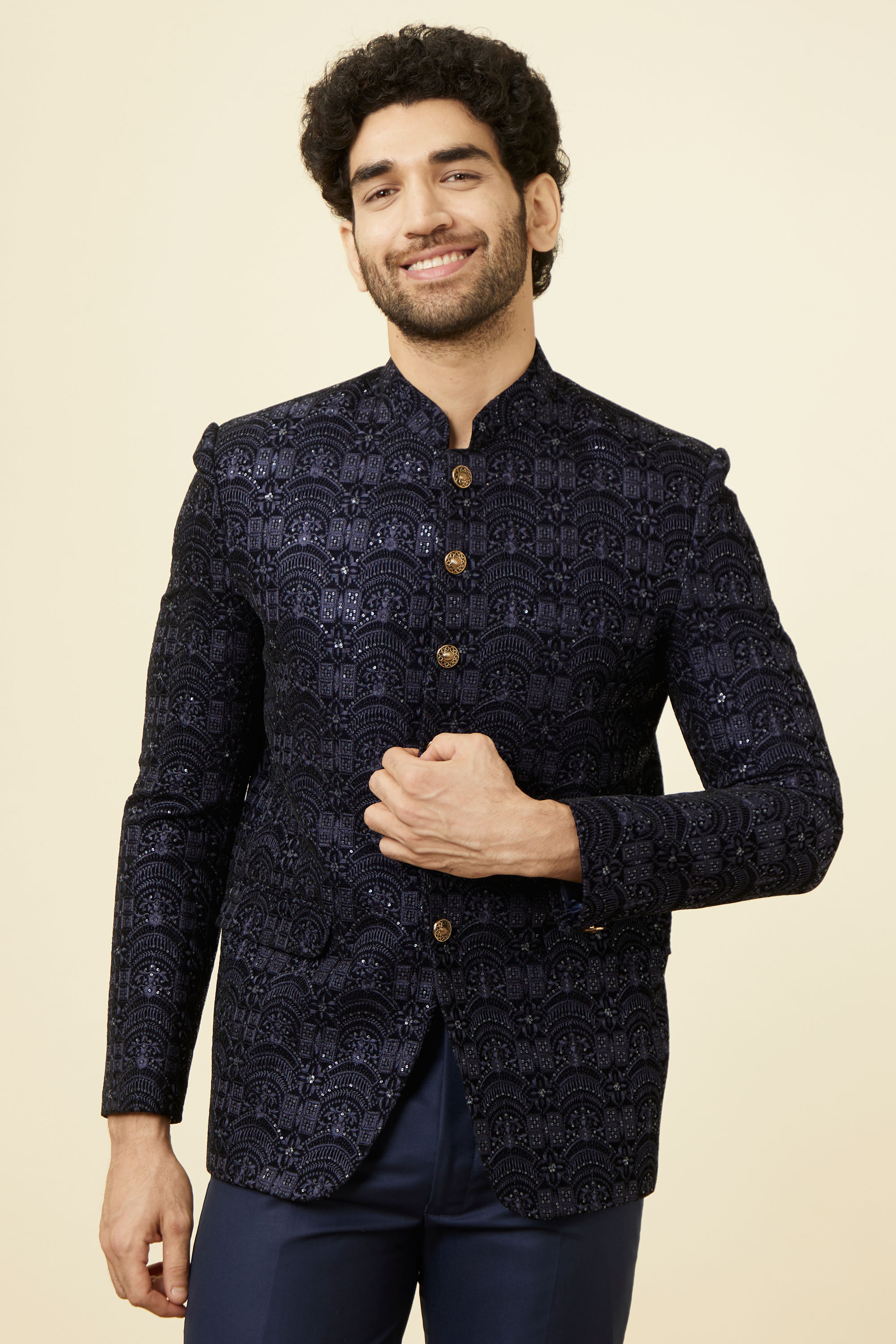 Manyavar Men Maritime Blue Sequined Jodhpuri Suit