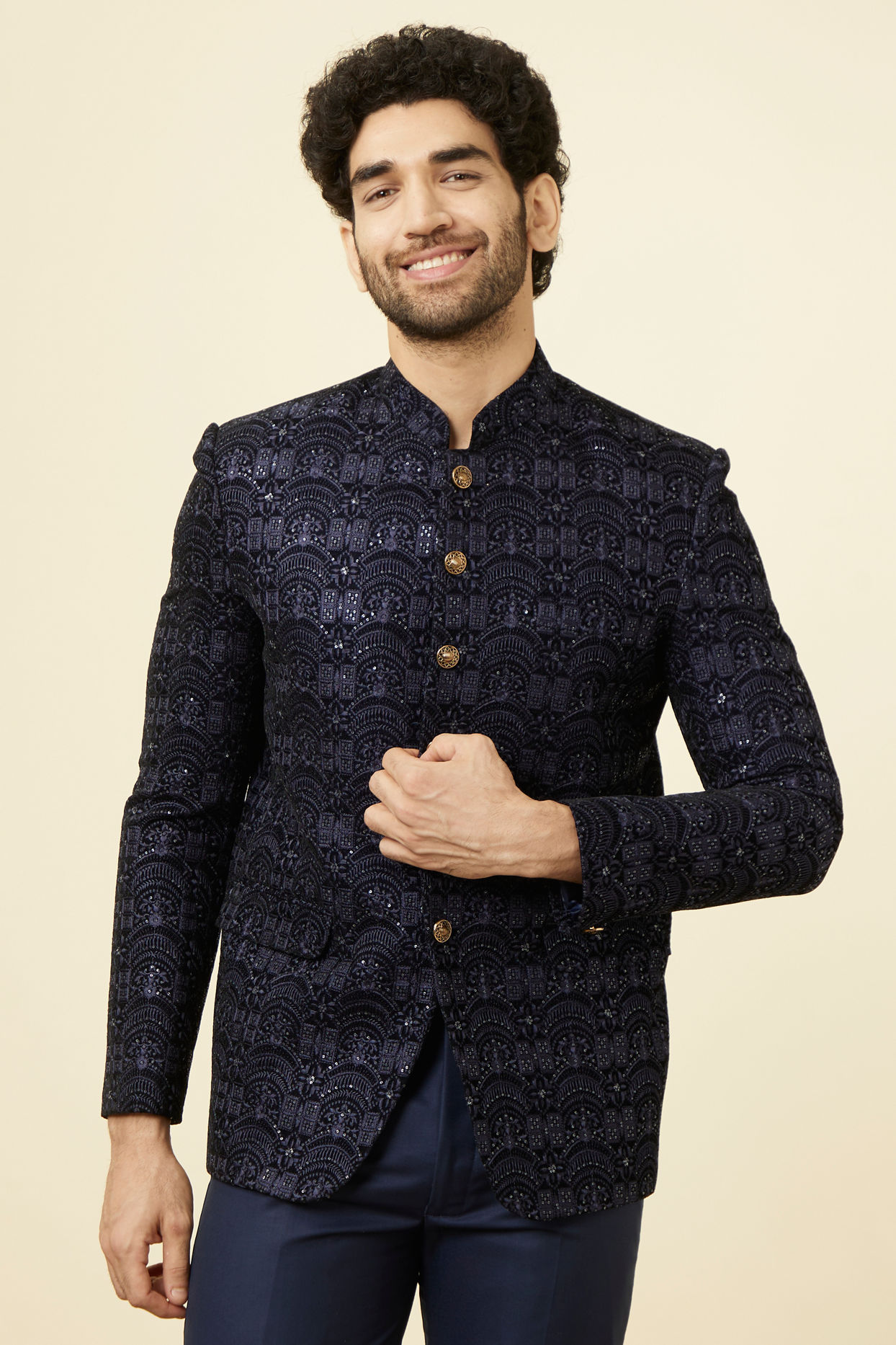 alt message - Manyavar Men Maritime Blue Sequined Jodhpuri Suit image number 0