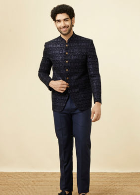 alt message - Manyavar Men Maritime Blue Sequined Jodhpuri Suit image number 2