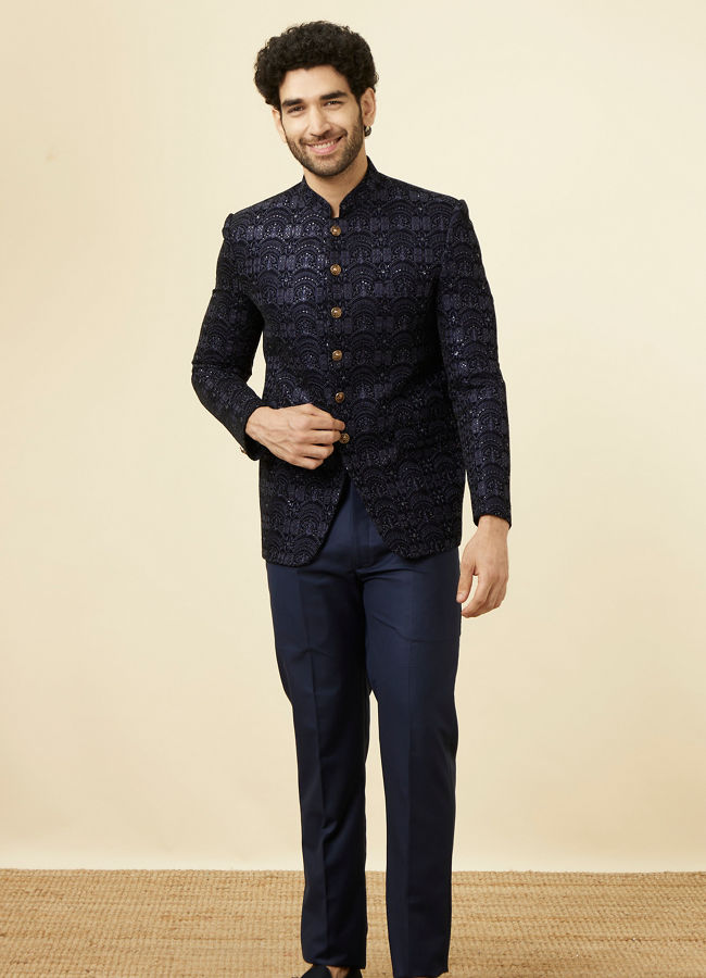 alt message - Manyavar Men Maritime Blue Sequined Jodhpuri Suit image number 2