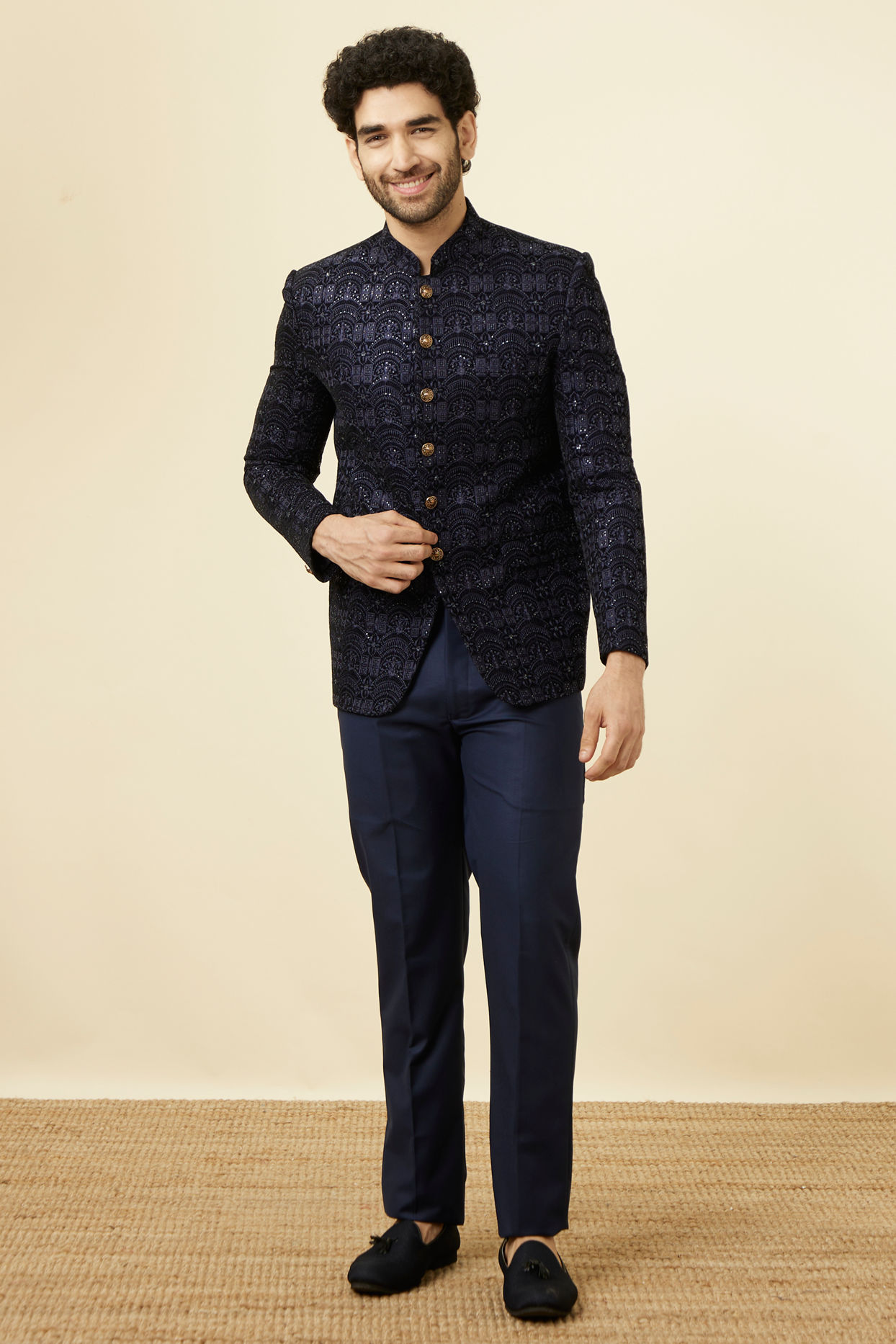 alt message - Manyavar Men Maritime Blue Sequined Jodhpuri Suit image number 2