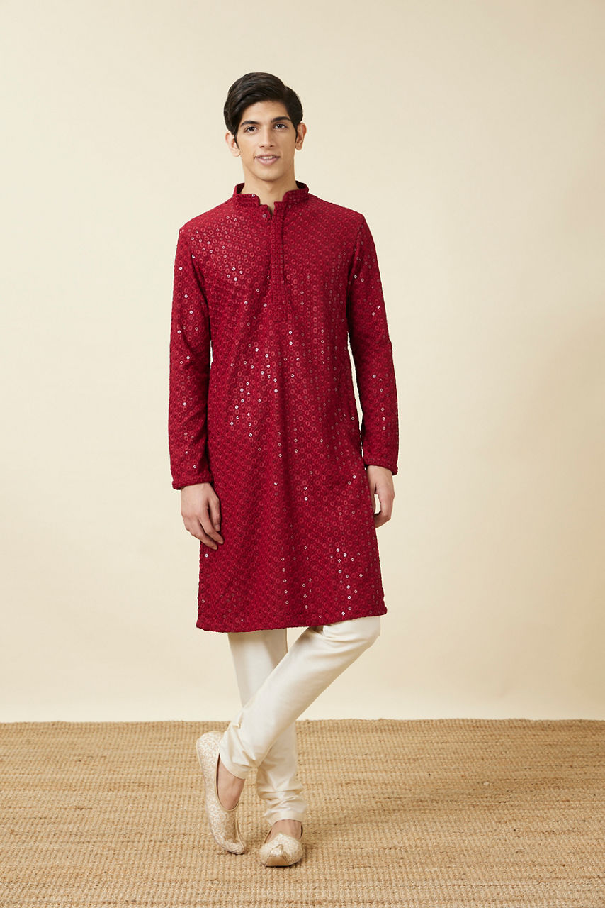 Manyavar Men Chilli Pepper Red Floral Chikankari Embroidered Kurta Set