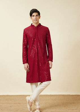 alt message - Manyavar Men Chilli Pepper Red Floral Chikankari Embroidered Kurta Set image number 3