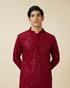 alt message - Manyavar Men Chilli Pepper Red Floral Chikankari Embroidered Kurta Set image number 0