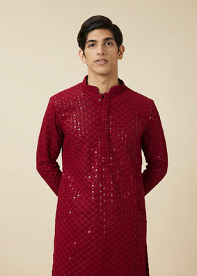 alt message - Manyavar Men Chilli Pepper Red Floral Chikankari Embroidered Kurta Set image number 0