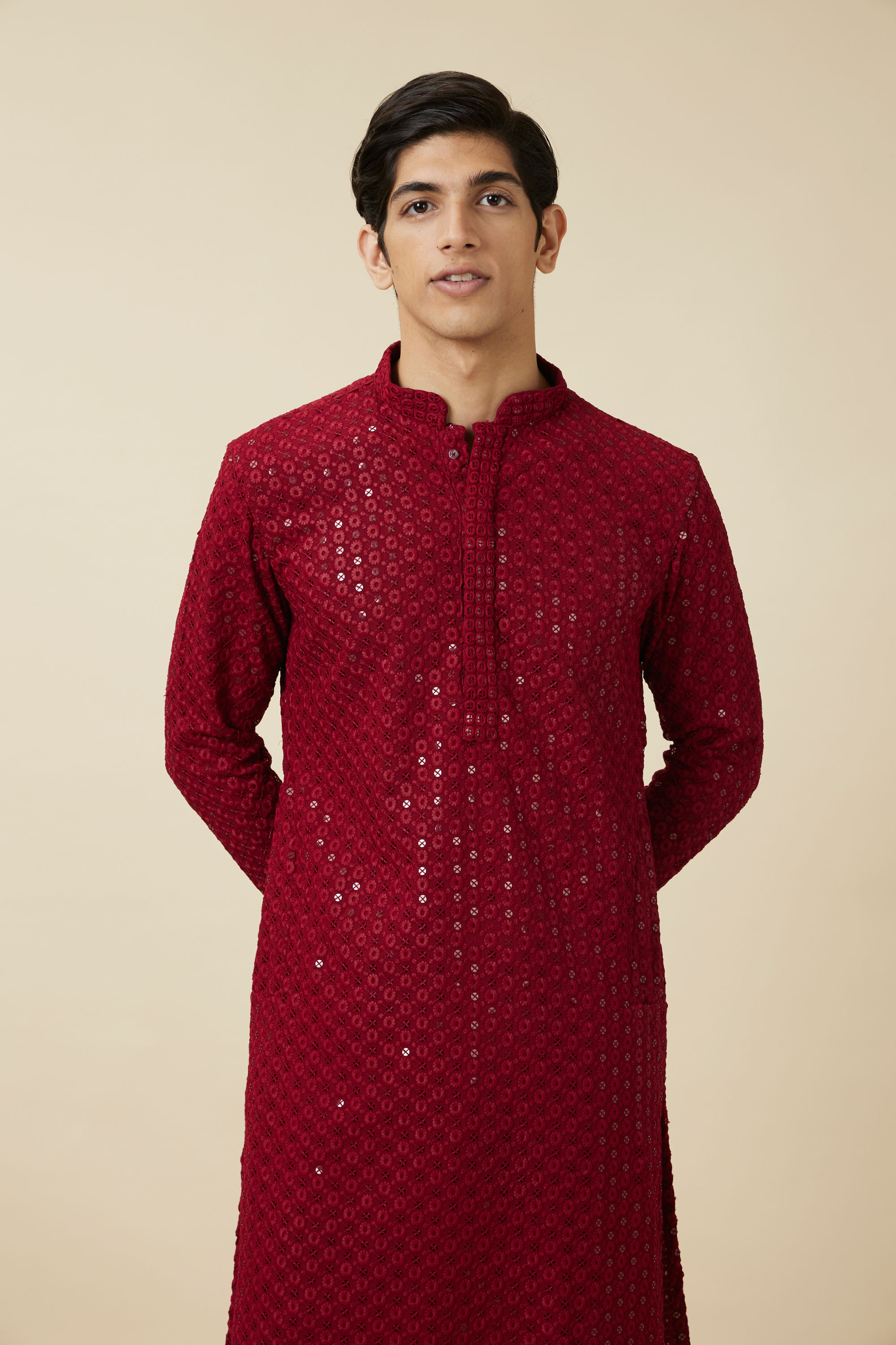 Manyavar Men Chilli Pepper Red Floral Chikankari Embroidered Kurta Set