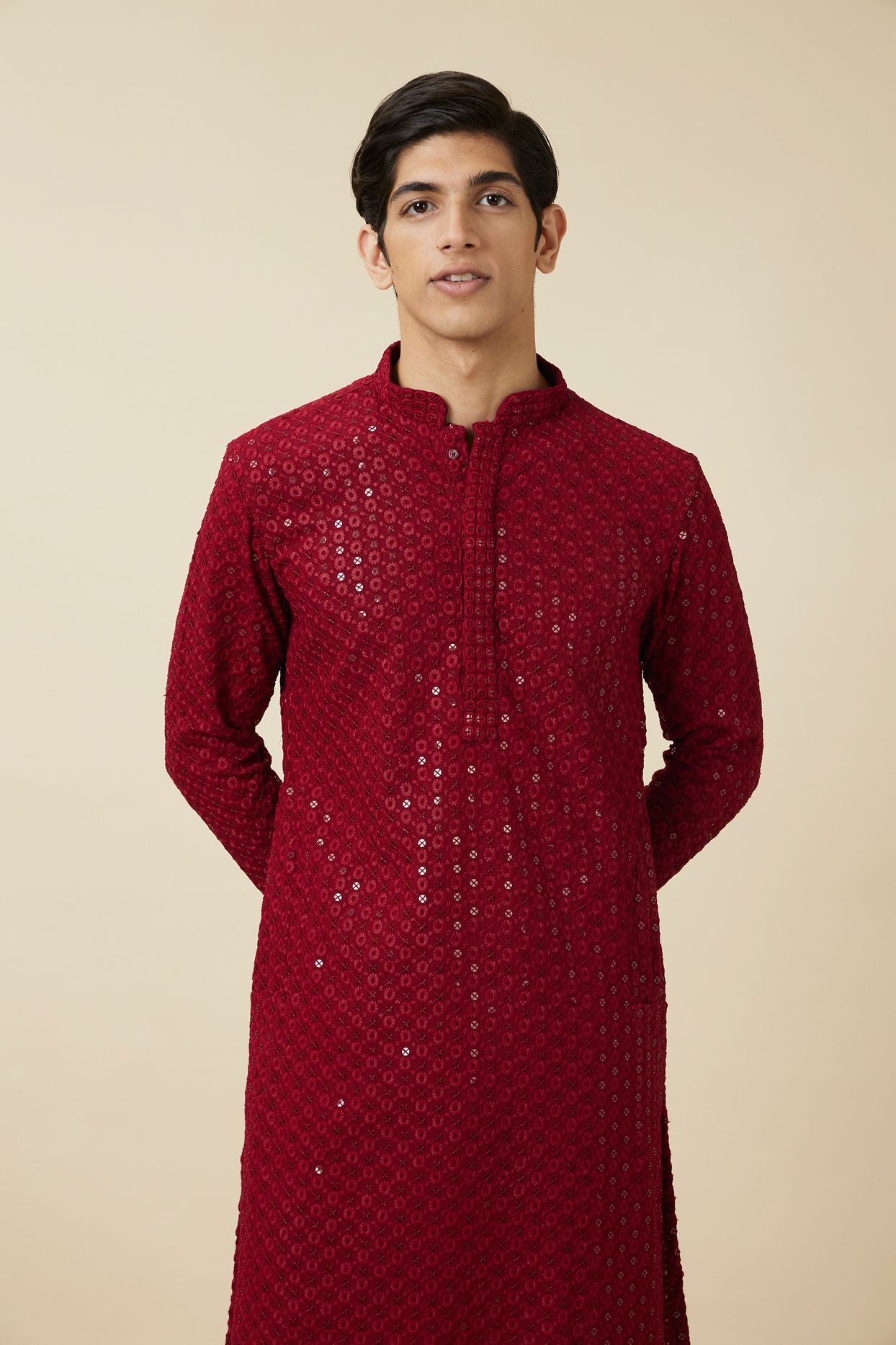 alt message - Manyavar Men Chilli Pepper Red Floral Chikankari Embroidered Kurta Set image number 0