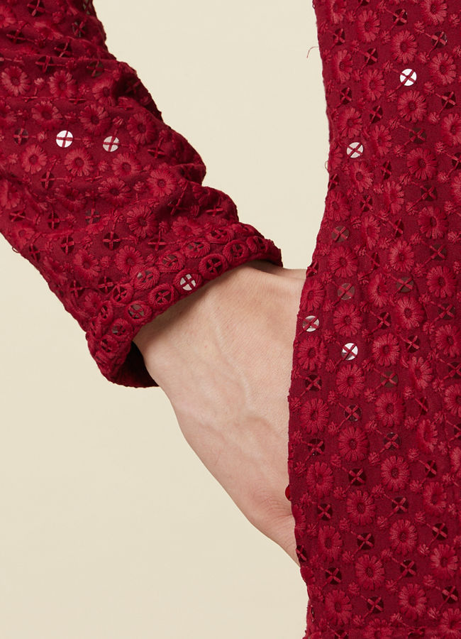 Manyavar Men Chilli Pepper Red Floral Chikankari Embroidered Kurta Set