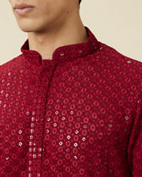 Manyavar Men Chilli Pepper Red Floral Chikankari Embroidered Kurta Set