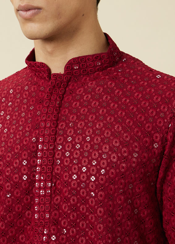 Manyavar Men Chilli Pepper Red Floral Chikankari Embroidered Kurta Set