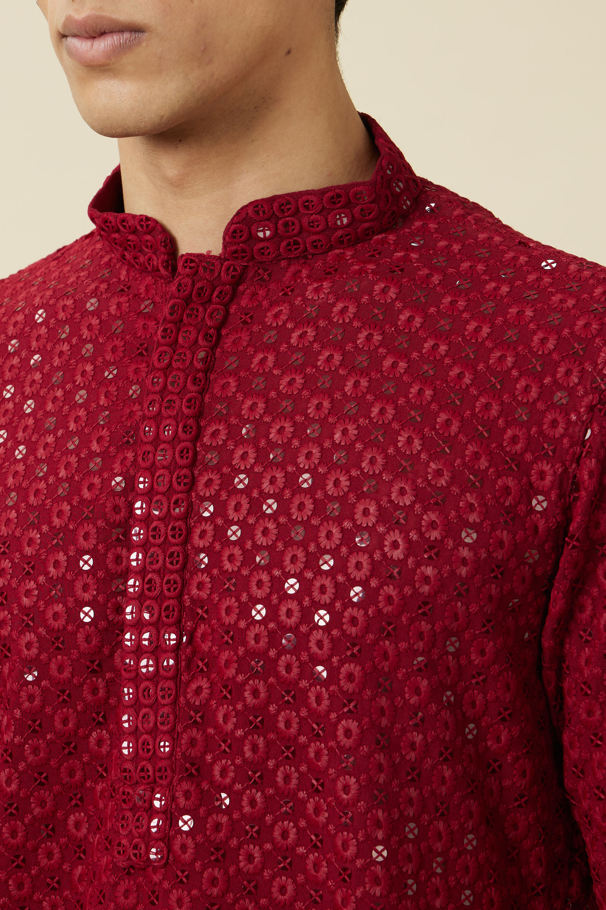 Manyavar Men Chilli Pepper Red Floral Chikankari Embroidered Kurta Set