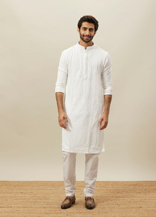 Manyavar Men Bright White Floral Chikankari Kurta Set