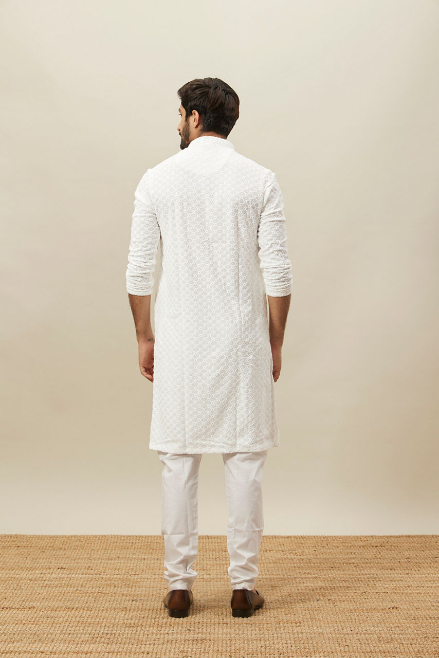 Manyavar Men Bright White Floral Chikankari Kurta Set