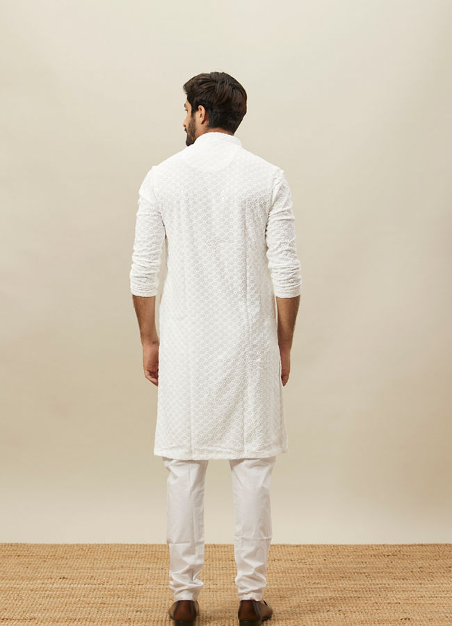 Manyavar Men Bright White Floral Chikankari Kurta Set