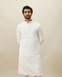 Manyavar Men Bright White Floral Chikankari Kurta Set